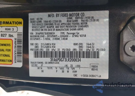 2020 Ford Fusion S из США, поврежденный, VIN 3FA6P0G73LR200034